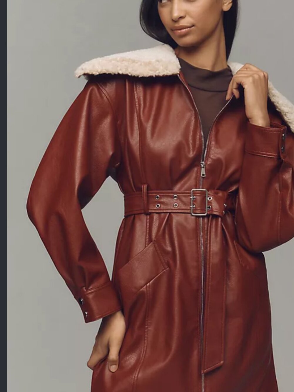 new ANTHROPOLOGIE MEAVE vegan leather fur trim belted coat small